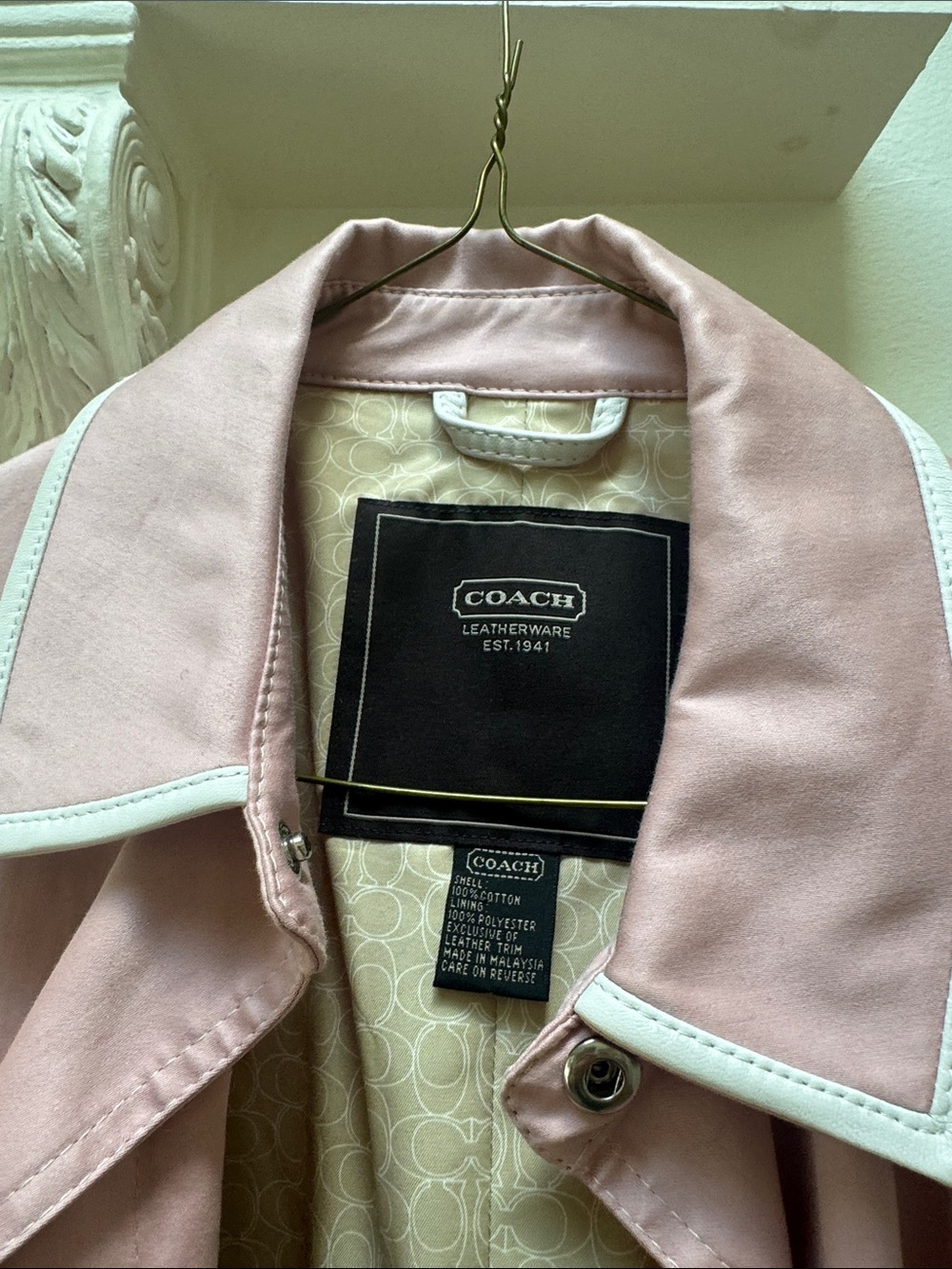 COACH Light Pink Trench Coat with White Trim